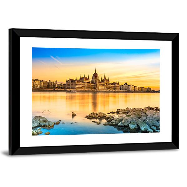 View Of Budapest Parliament At Sunset Canvas Wall Art-5 Horizontal-Gallery Wrap-22" x 12"-Tiaracle