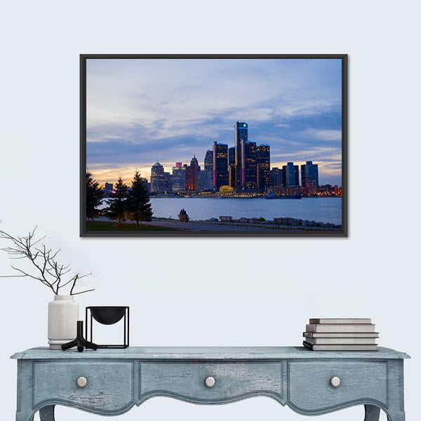 View Of Detroit Skyline In Ontario Canvas Wall Art-1 Piece-Floating Frame-36" x 24"-Tiaracle