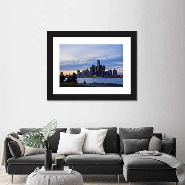 View Of Detroit Skyline In Ontario Canvas Wall Art-5 Horizontal-Gallery Wrap-22" x 12"-Tiaracle