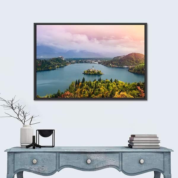 View Of Lake Bled In Slovenia Canvas Wall Art-1 Piece-Floating Frame-36" x 24"-Tiaracle