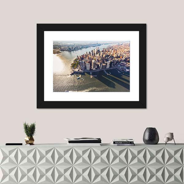 View Of Lower Manhattan With Hudson River Canvas Wall Art-1 Piece-Framed Print-42" x 14"-Tiaracle
