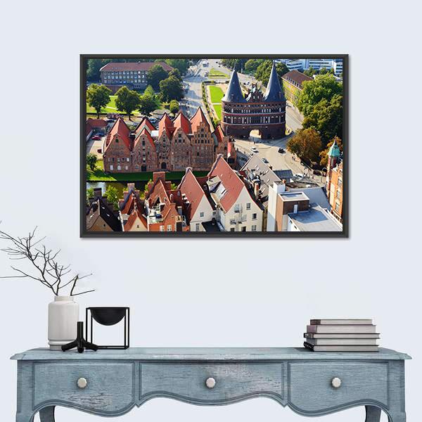 View Of Salzspeicher And Holstentor Gate In Lubeck Canvas Wall Art-1 Piece-Floating Frame-36" x 24"-Tiaracle