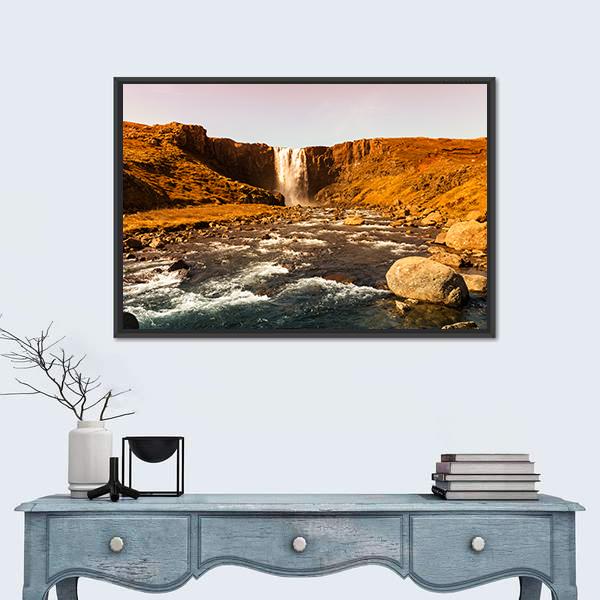 View To The Waterfall In Iceland Canvas Wall Art-1 Piece-Floating Frame-36" x 24"-Tiaracle