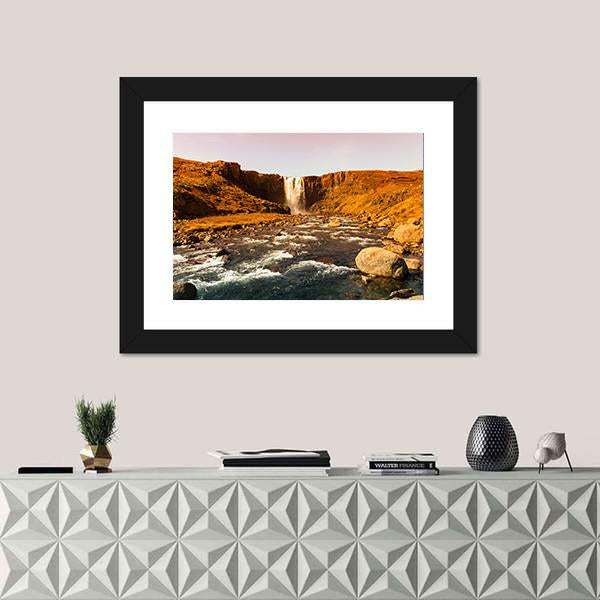 View To The Waterfall In Iceland Canvas Wall Art-1 Piece-Framed Print-42" x 14"-Tiaracle