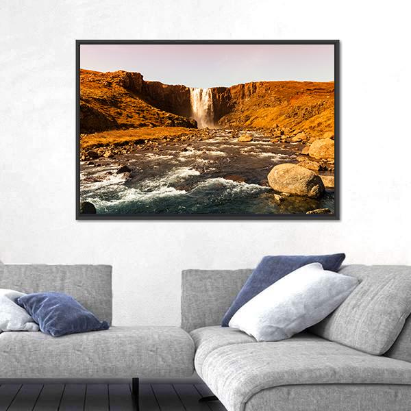 View To The Waterfall In Iceland Canvas Wall Art-5 Horizontal-Gallery Wrap-22" x 12"-Tiaracle