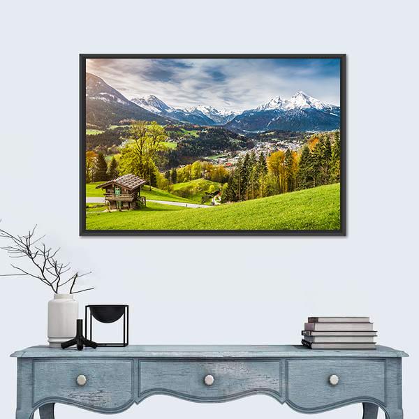 Village In Bavarian Alps Canvas Wall Art-1 Piece-Floating Frame-24" x 16"-Tiaracle