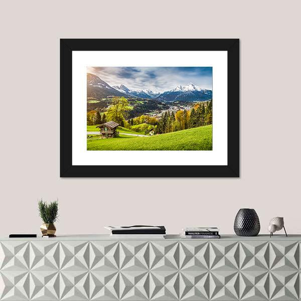 Village In Bavarian Alps Canvas Wall Art-1 Piece-Framed Print-20" x 16"-Tiaracle