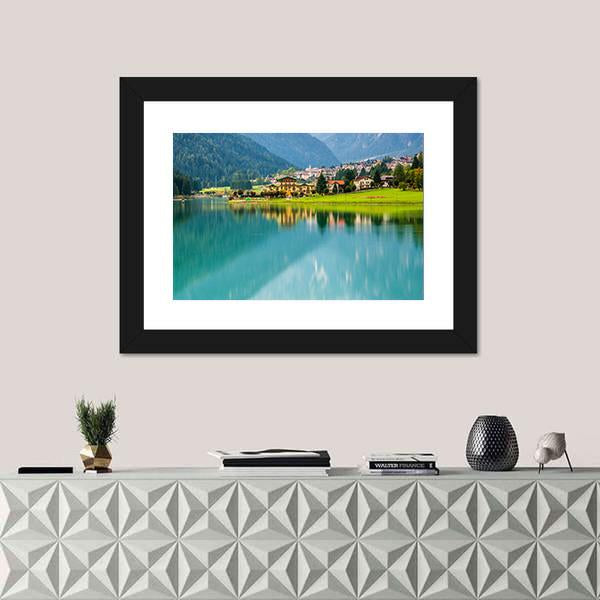 Village With Lake Auronzo Canvas Wall Art-1 Piece-Framed Print-20" x 16"-Tiaracle