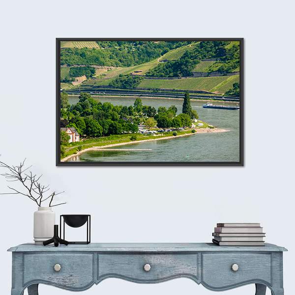 Vineyards At Rhine Valley Canvas Wall Art-1 Piece-Floating Frame-24" x 16"-Tiaracle