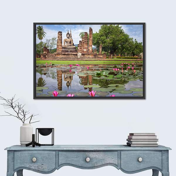 Wat Mahathat in Sukhothai Historical Park Thailand Canvas Wall Art-1 Piece-Floating Frame-24" x 16"-Tiaracle
