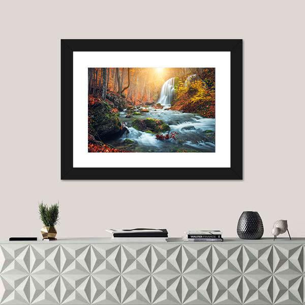 Waterfall At Mountain River In Colorful Autumn Forest Canvas Wall Art-1 Piece-Framed Print-30" x 20"-Tiaracle