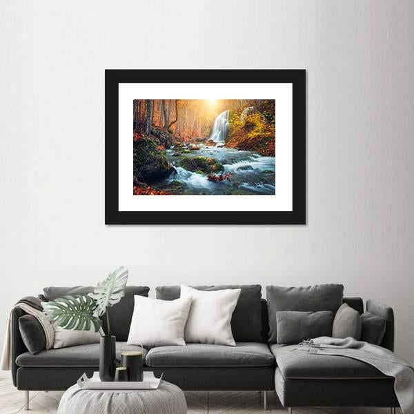 Waterfall At Mountain River In Colorful Autumn Forest Canvas Wall Art-5 Horizontal-Gallery Wrap-22" x 12"-Tiaracle