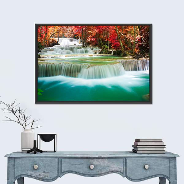 Waterfall In Autumn Tree Forest Canvas Wall Art-1 Piece-Floating Frame-36" x 24"-Tiaracle