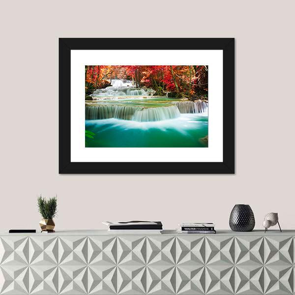 Waterfall In Autumn Tree Forest Canvas Wall Art-1 Piece-Framed Print-42" x 14"-Tiaracle