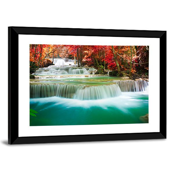 Waterfall In Autumn Tree Forest Canvas Wall Art-5 Horizontal-Gallery Wrap-22" x 12"-Tiaracle