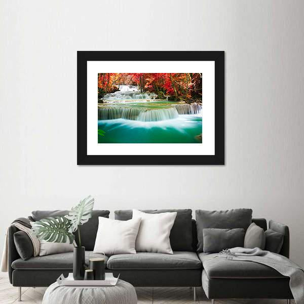 Waterfall In Autumn Tree Forest Canvas Wall Art-5 Horizontal-Gallery Wrap-22" x 12"-Tiaracle