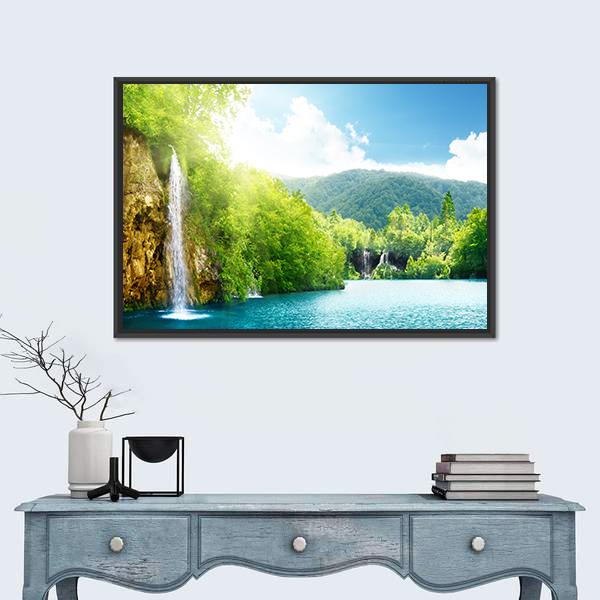 Waterfall In Croatia Canvas Wall Art-1 Piece-Floating Frame-36" x 24"-Tiaracle