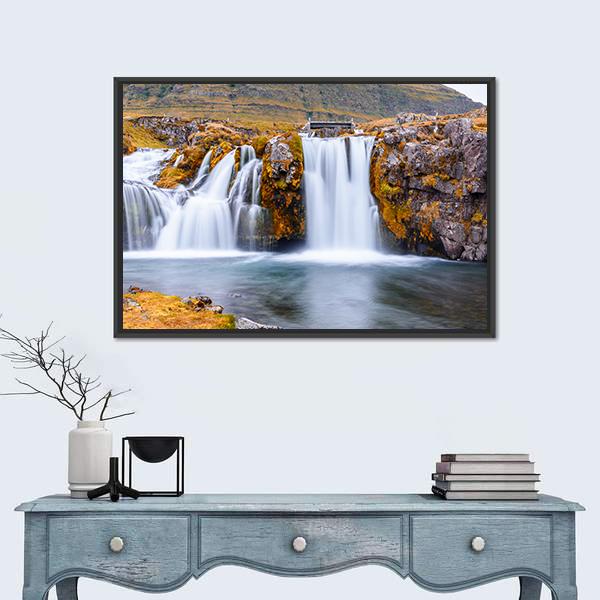 Waterfall Landscape At Kirkjufell Mountain Canvas Wall Art-1 Piece-Floating Frame-36" x 24"-Tiaracle