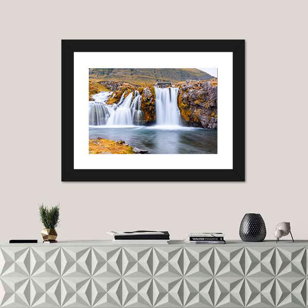 Waterfall Landscape At Kirkjufell Mountain Canvas Wall Art-1 Piece-Framed Print-30" x 20"-Tiaracle