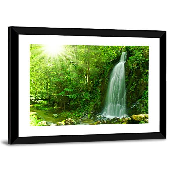 Waterfall Through Green Forest Canvas Wall Art-5 Horizontal-Gallery Wrap-22" x 12"-Tiaracle