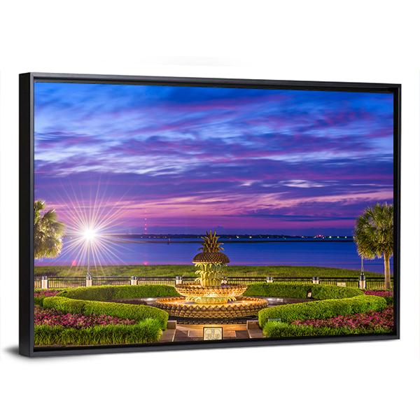 Waterfront Park With Pineapple Fountain Canvas Wall Art-5 Horizontal-Gallery Wrap-22" x 12"-Tiaracle
