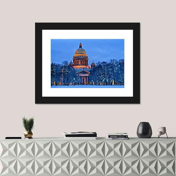 Winter View Of St Isaac's Cathedral In Saint Petersburg Canvas Wall Art-1 Piece-Framed Print-30" x 20"-Tiaracle