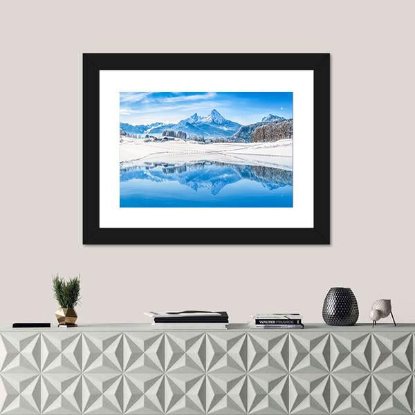 Winter Wonderland & Lake In Alps Canvas Wall Art-1 Piece-Framed Print-20" x 16"-Tiaracle