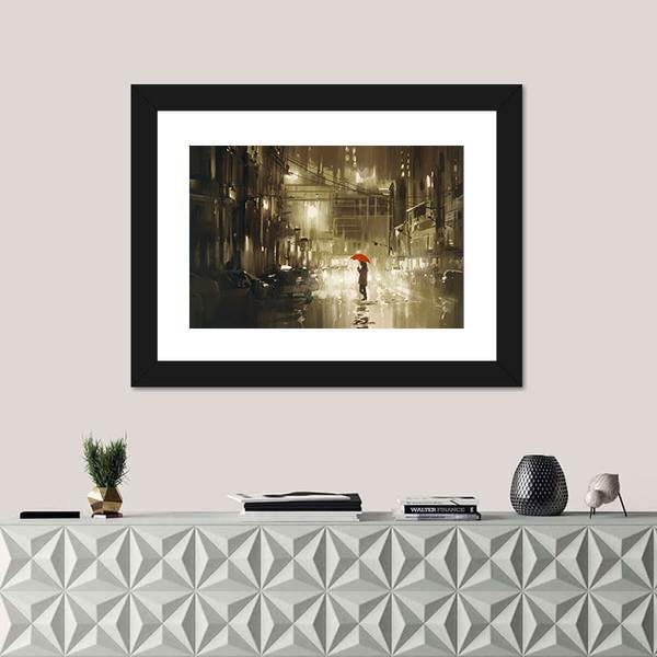 Woman In Rainy Night Illustration Canvas Wall Art-1 Piece-Framed Print-36" x 24"-Tiaracle