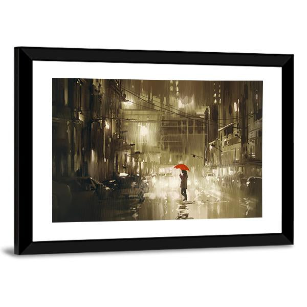 Woman In Rainy Night Illustration Canvas Wall Art-3 Horizontal-Gallery Wrap-25" x 16"-Tiaracle