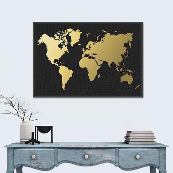 World Map Silhouette In Gold Color Canvas Wall Art-1 Piece-Floating Frame-36" x 24"-Tiaracle