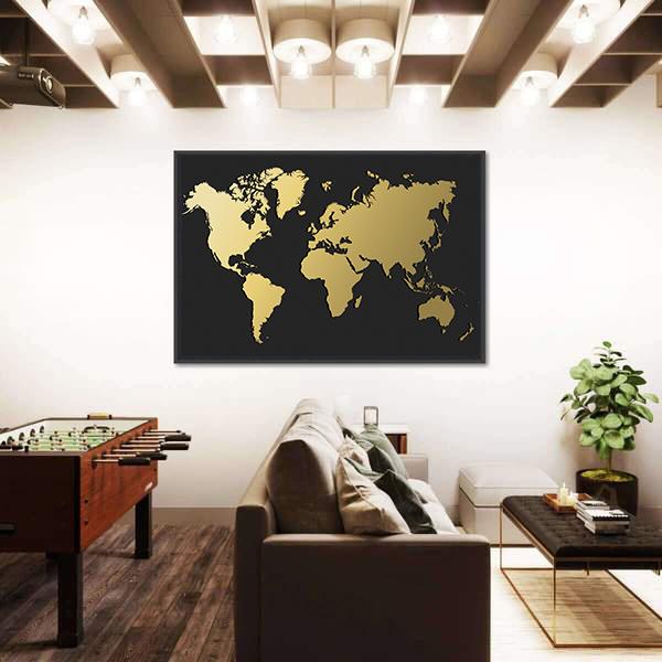 World Map Silhouette In Gold Color Canvas Wall Art-5 Horizontal-Gallery Wrap-22" x 12"-Tiaracle