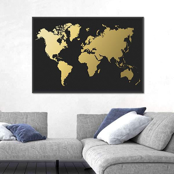 World Map Silhouette In Gold Color Canvas Wall Art-5 Horizontal-Gallery Wrap-22" x 12"-Tiaracle