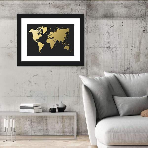 World Map Silhouette In Gold Color Canvas Wall Art-5 Horizontal-Gallery Wrap-22" x 12"-Tiaracle