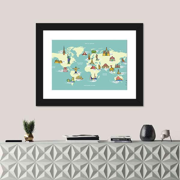 World Map With Landmark Of Famous Country Symbol Canvas Wall Art-1 Piece-Framed Print-42" x 14"-Tiaracle