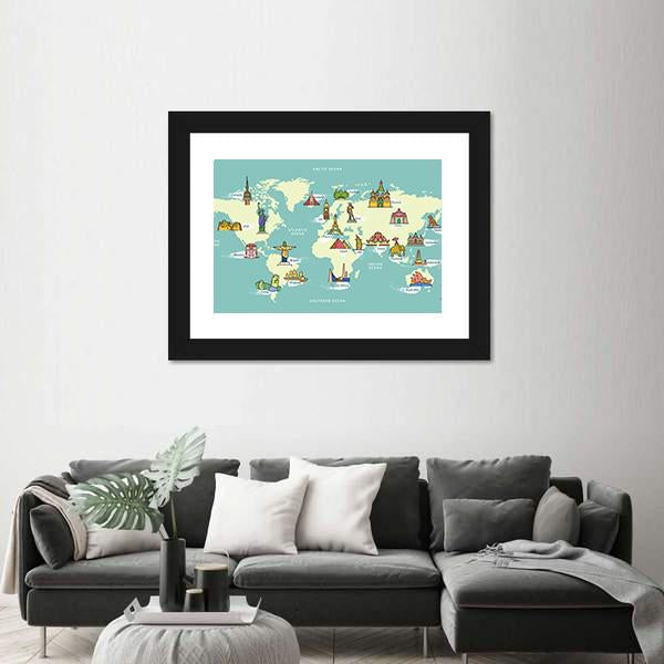 World Map With Landmark Of Famous Country Symbol Canvas Wall Art-5 Horizontal-Gallery Wrap-22" x 12"-Tiaracle