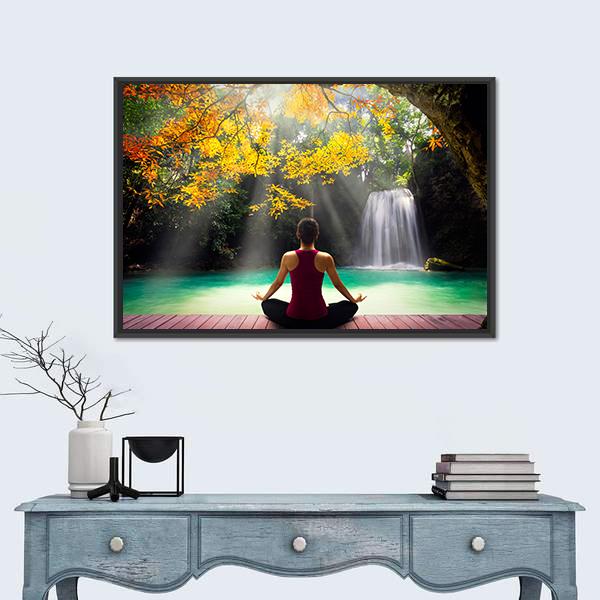 Young Woman In Yoga Pose Sitting Near Waterfall Canvas Wall Art-1 Piece-Floating Frame-36" x 24"-Tiaracle
