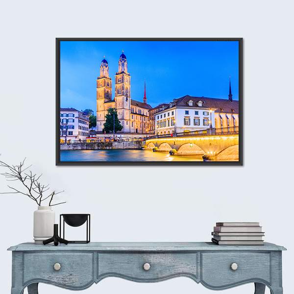 Zurich View In Switzerland Canvas Wall Art-1 Piece-Floating Frame-36" x 24"-Tiaracle