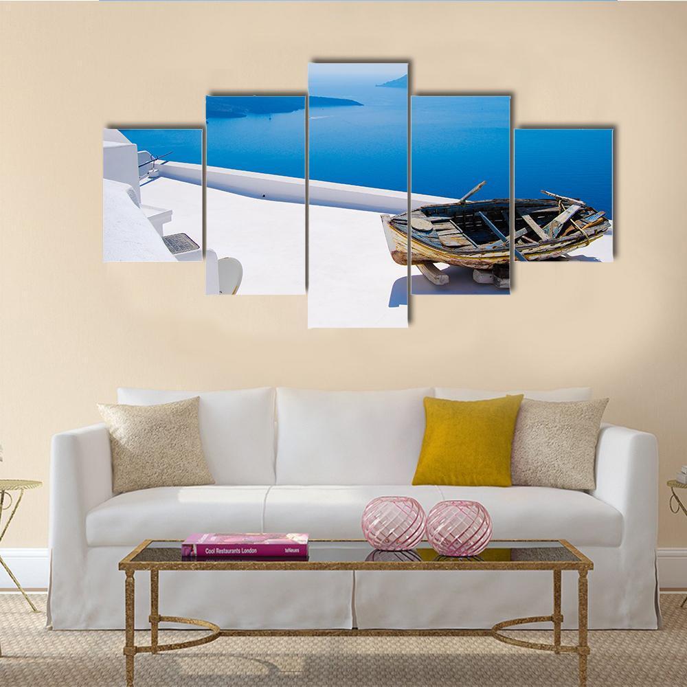 Abandoned Boat On Santorini Islands Canvas Wall Art-5 Star-Gallery Wrap-62" x 32"-Tiaracle