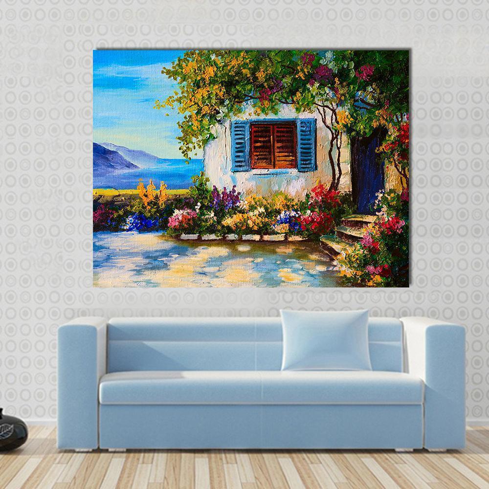 Abstract House Near The Sea Canvas Wall Art-1 Piece-Gallery Wrap-36" x 24"-Tiaracle