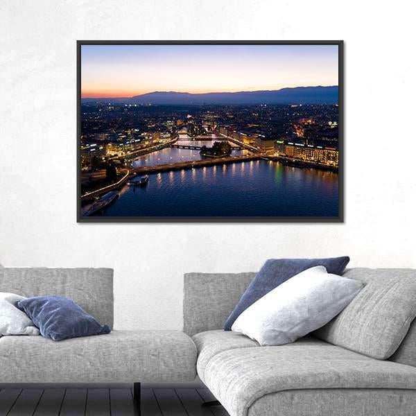 Aerial Night View Of Geneva Canvas Wall Art-3 Horizontal-Gallery Wrap-25" x 16"-Tiaracle