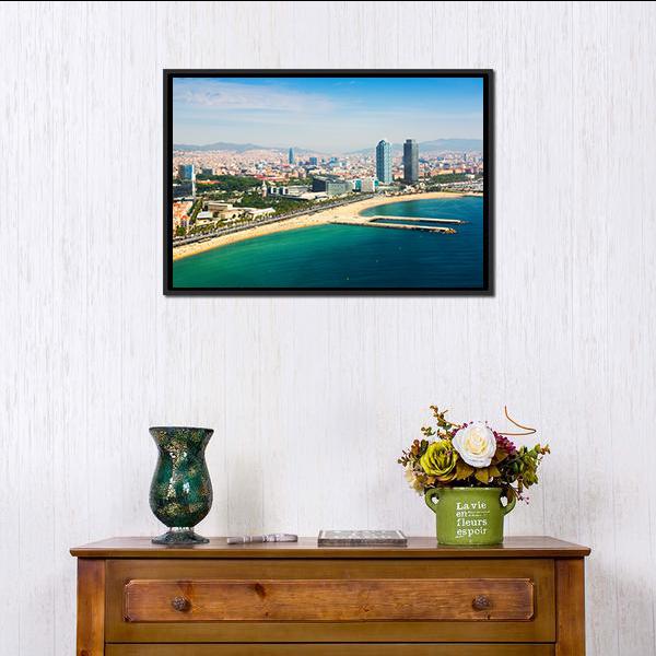 Aerial View Of Barcelona Canvas Wall Art-1 Piece-Floating Frame-24" x 16"-Tiaracle