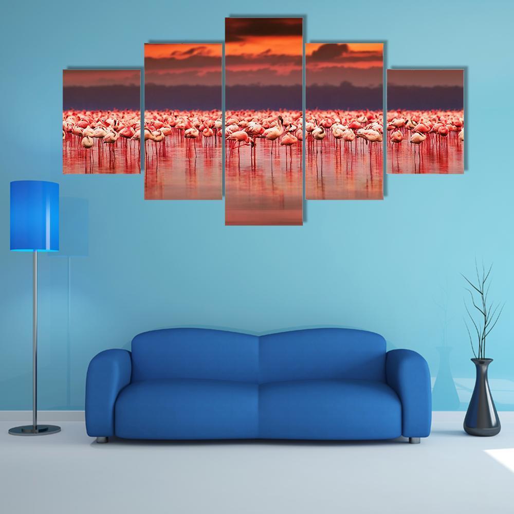 African Flamingos In Lake Canvas Wall Art-5 Star-Gallery Wrap-62" x 32"-Tiaracle
