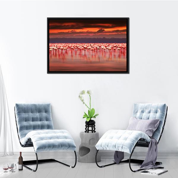 African Flamingos In Lake Canvas Wall Art-3 Horizontal-Gallery Wrap-25" x 16"-Tiaracle