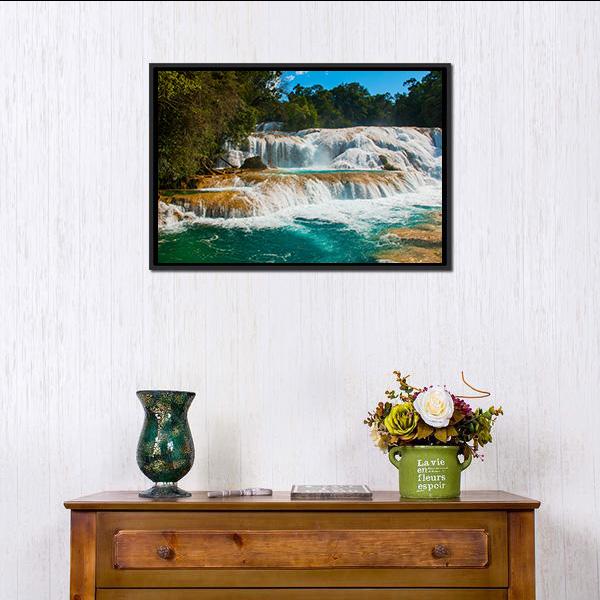 Agua Azul Waterfall Canvas Wall Art-1 Piece-Floating Frame-24" x 16"-Tiaracle