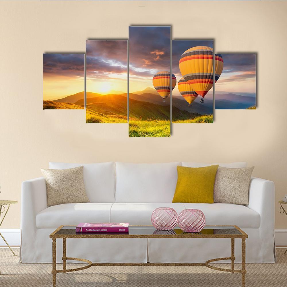 Air Ballon Above Mountains Canvas Wall Art-5 Star-Gallery Wrap-62" x 32"-Tiaracle
