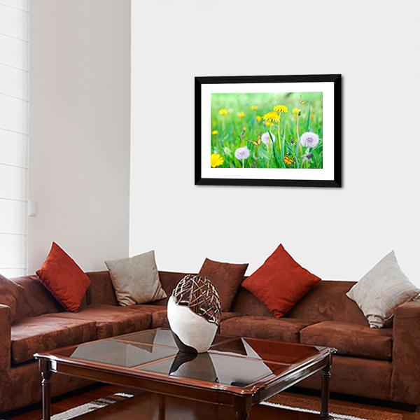 Air Dandelions On Green Field Canvas Wall Art-3 Horizontal-Gallery Wrap-25" x 16"-Tiaracle