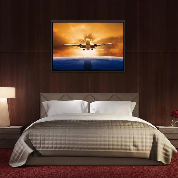 Airplane Flying Above Ocean Canvas Wall Art-5 Horizontal-Gallery Wrap-22" x 12"-Tiaracle