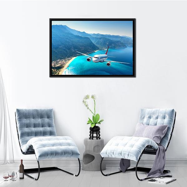 Airplane Flying Over Sea Canvas Wall Art-3 Horizontal-Gallery Wrap-25" x 16"-Tiaracle
