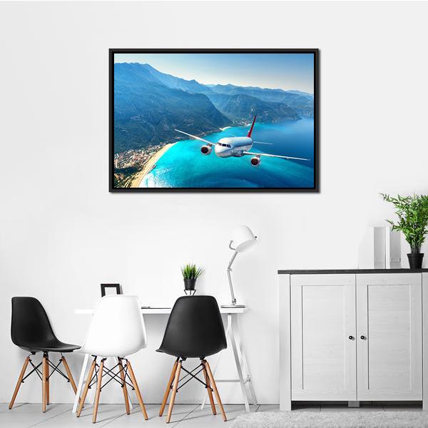 Airplane Flying Over Sea Canvas Wall Art-5 Horizontal-Gallery Wrap-22" x 12"-Tiaracle