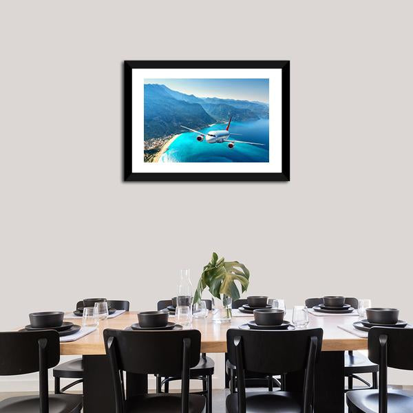 Airplane Flying Over Sea Canvas Wall Art-3 Horizontal-Gallery Wrap-25" x 16"-Tiaracle